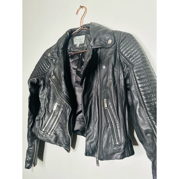 SAMANTHA SIPOS Black Ribbed 100% Leather Biker Cropped Jacket Size Extra Small - Picture 5 of 11